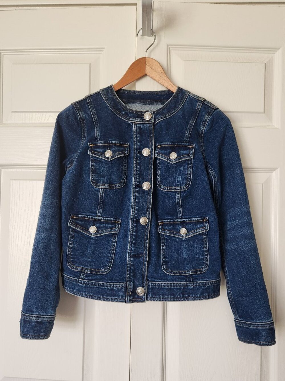 Talbots Dark Wash Denim Collarless Jean Jacket Petite Button Front Casual Chic